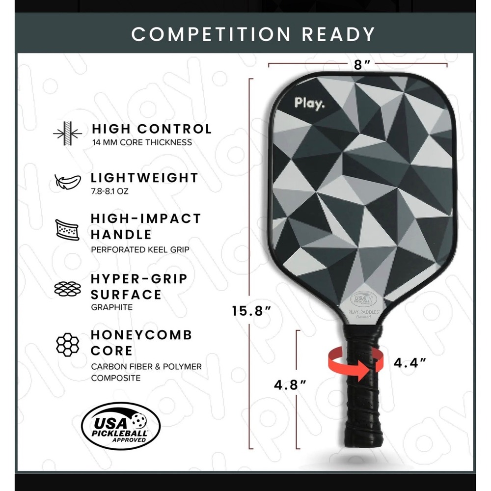 Play. Paddles Elevated Pickleball Paddle Graphite Carbon Fiber USA Approved Grey